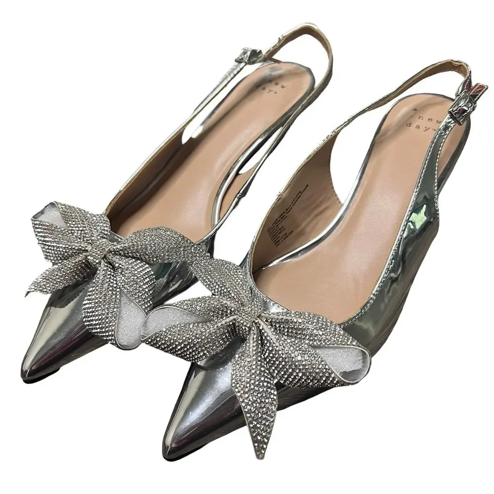 A NEW DAY Priscilla Rhinestone Bow Slingback Kitten Heels Silver - Picture 1 of 5